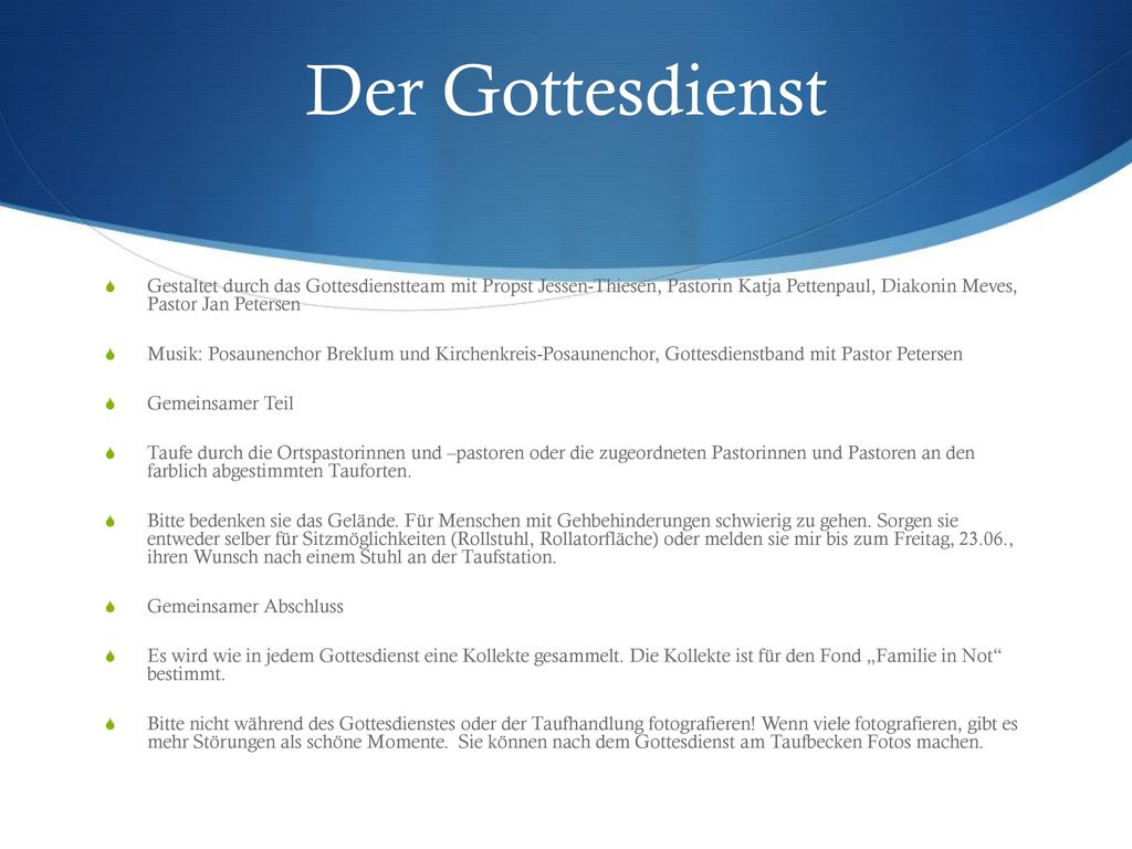 Der Gottesdienst Gestaltet durch das Gottesdienstteam mit Propst Jessen-Thiesen, Pastorin Katja Pettenpaul, Diakonin Meves, Pastor Jan Petersen.