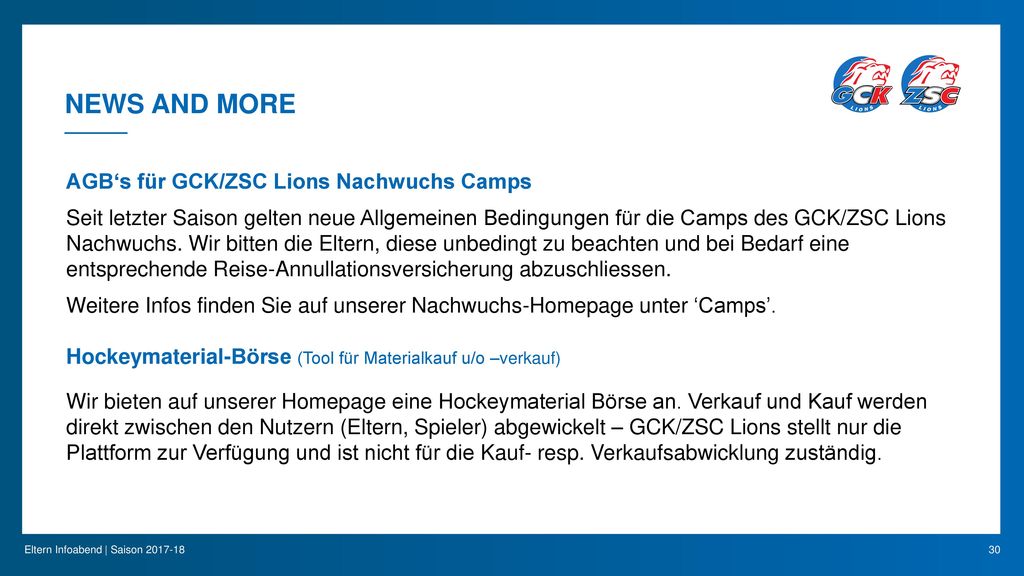 News and More AGB‘s für GCK/ZSC Lions Nachwuchs Camps