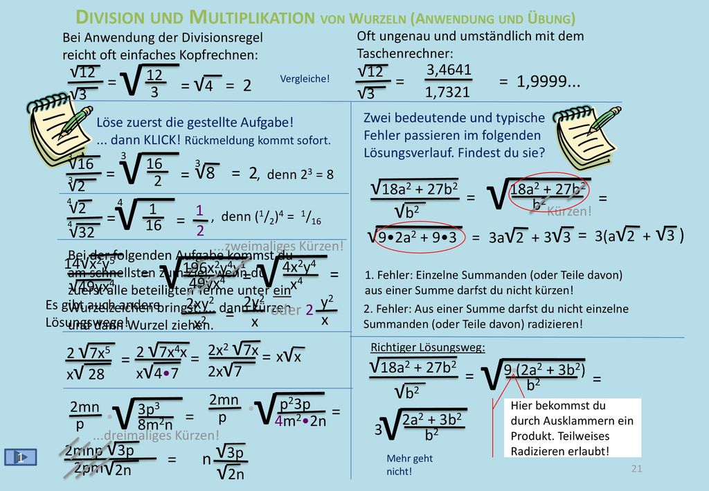 (√a) = √an (√a) = √an = ( ) ( ) Potenzieren von Wurzeln n √2 √2