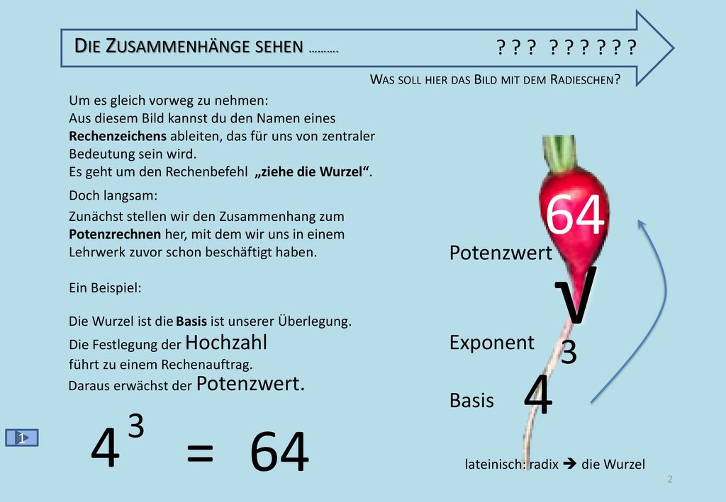 √ √ 8 x 8 = 2 x Wurzel ziehen RADIZIEREN Potenzwert