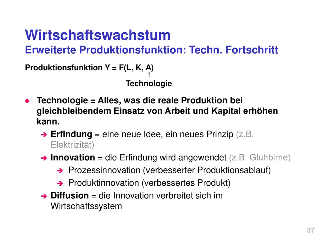 Wirtschaftswachstum Erweiterte Produktionsfunktion: Techn. Fortschritt