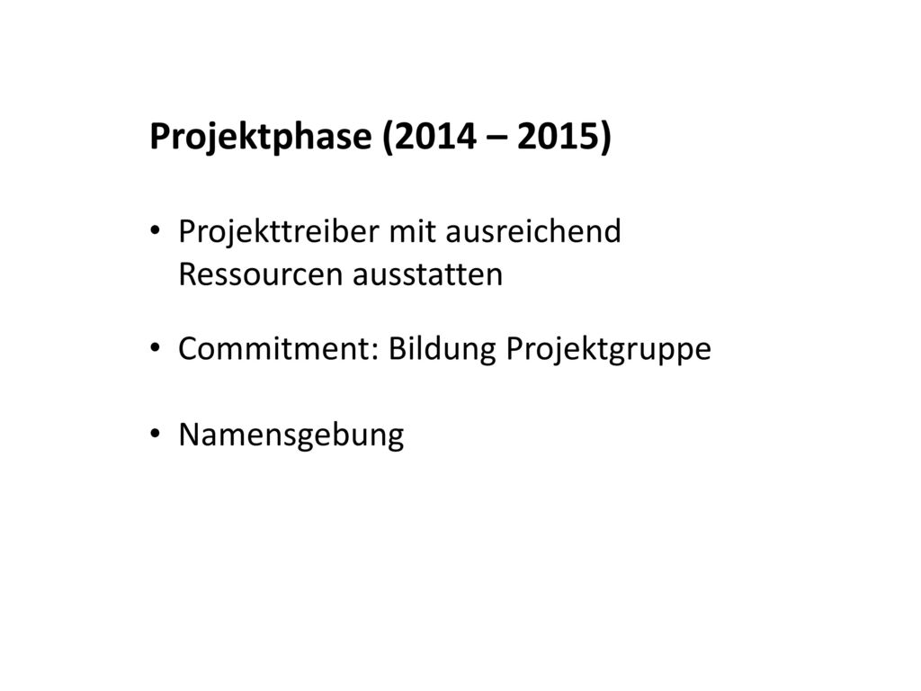Projektphase (2014 – 2015) Projekttreiber mit ausreichend Ressourcen ausstatten. Commitment: Bildung Projektgruppe.