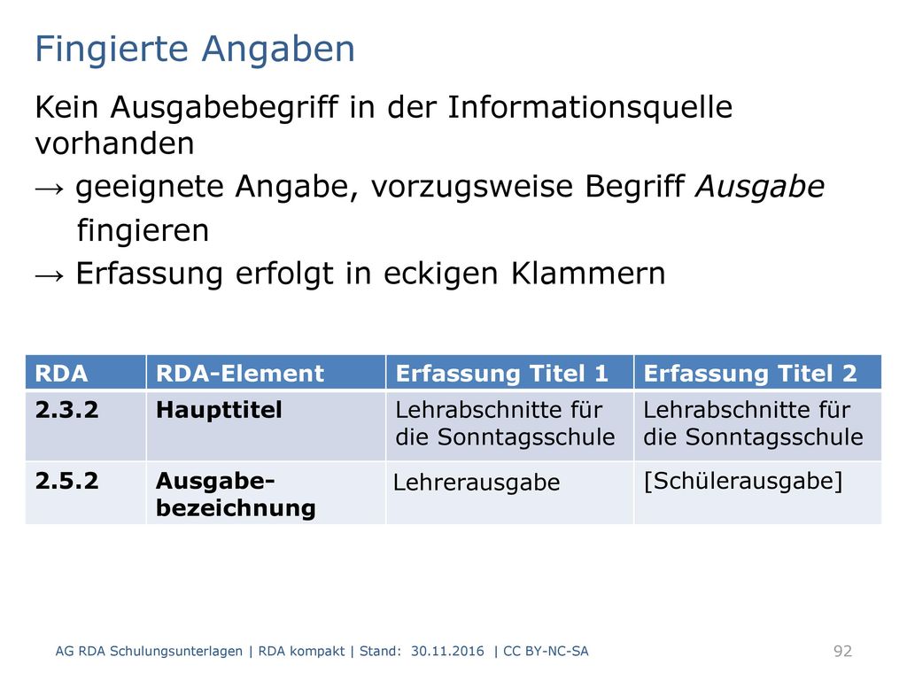 Fingierte Angaben Kein Ausgabebegriff in der Informationsquelle vorhanden. → geeignete Angabe, vorzugsweise Begriff Ausgabe.