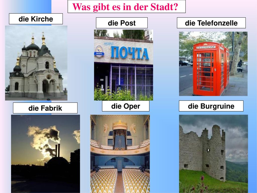 Was gibt es in der Stadt die Kirche die Post die Telefonzelle