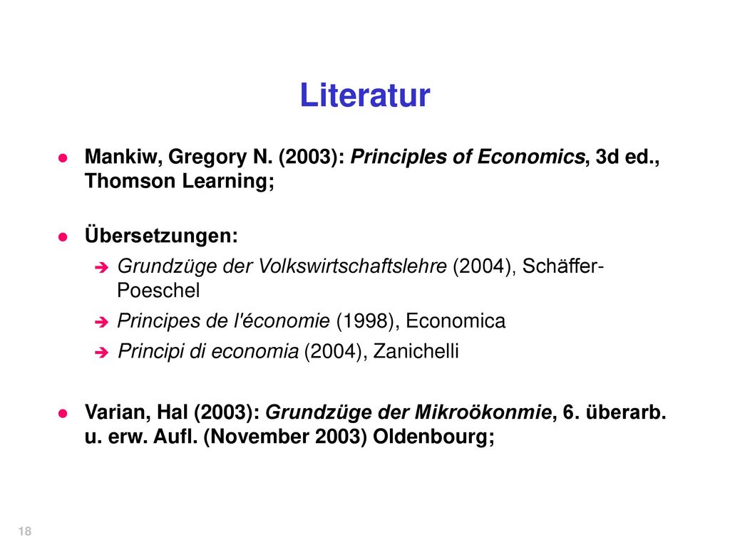 Literatur Mankiw, Gregory N. (2003): Principles of Economics, 3d ed., Thomson Learning; Übersetzungen: