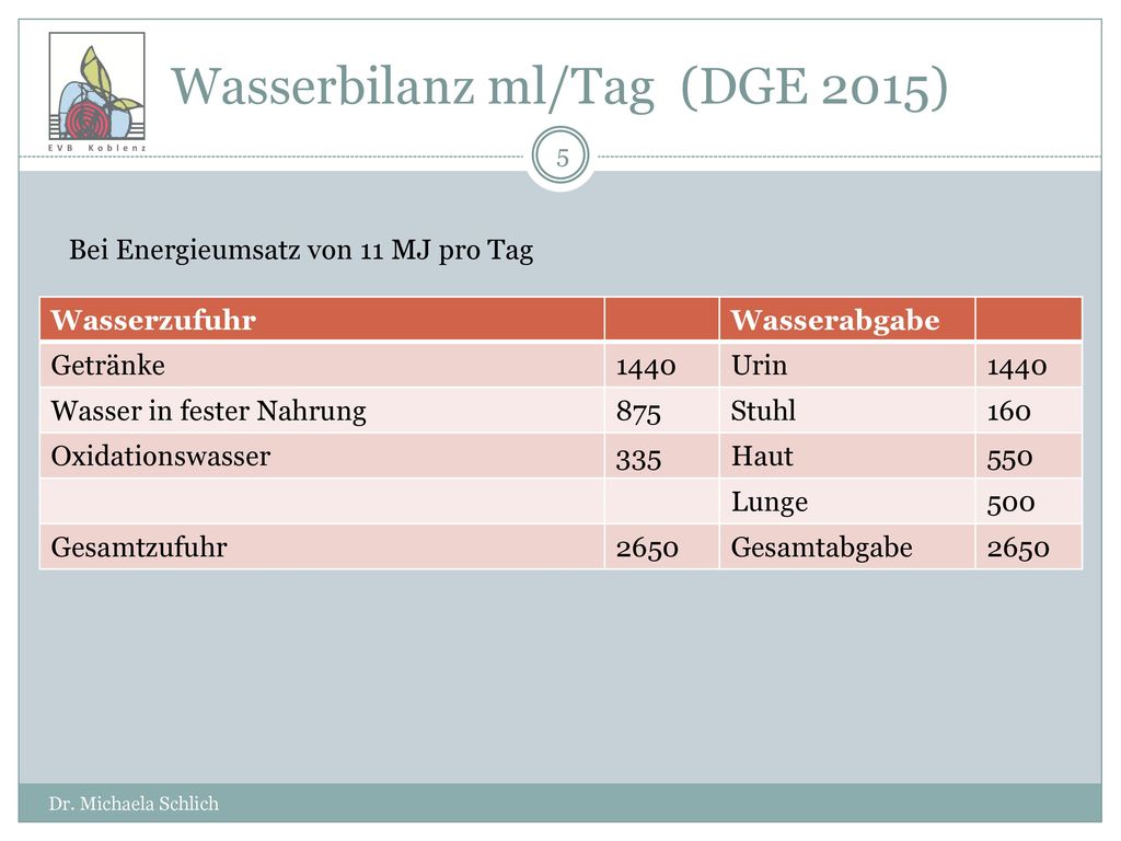 Wasserbilanz ml/Tag (DGE 2015)