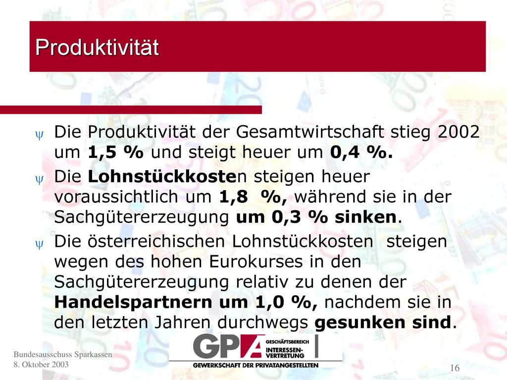 Produktivität Die Produktivität der Gesamtwirtschaft stieg 2002 um 1,5 % und steigt heuer um 0,4 %.