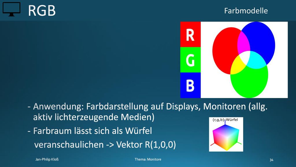 RGB Farbmodelle. Anwendung: Farbdarstellung auf Displays, Monitoren (allg. aktiv lichterzeugende Medien)