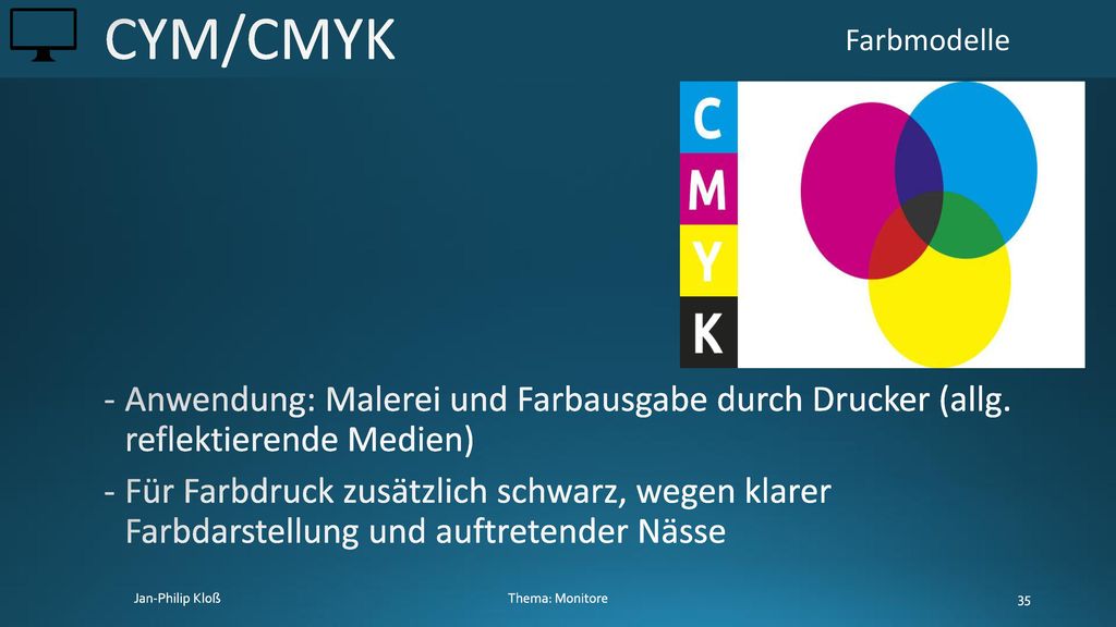 CYM/CMYK Farbmodelle. Anwendung: Malerei und Farbausgabe durch Drucker (allg. reflektierende Medien)