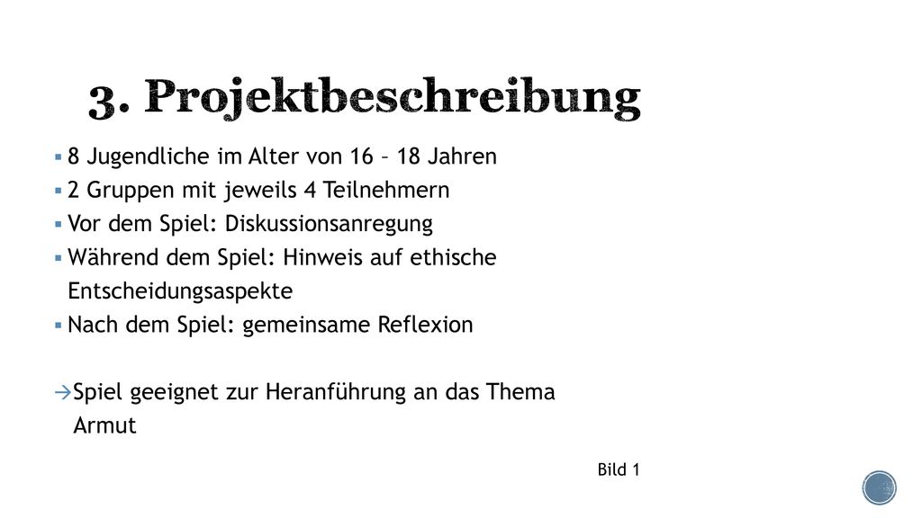 3. Projektbeschreibung 8 Jugendliche im Alter von 16 – 18 Jahren
