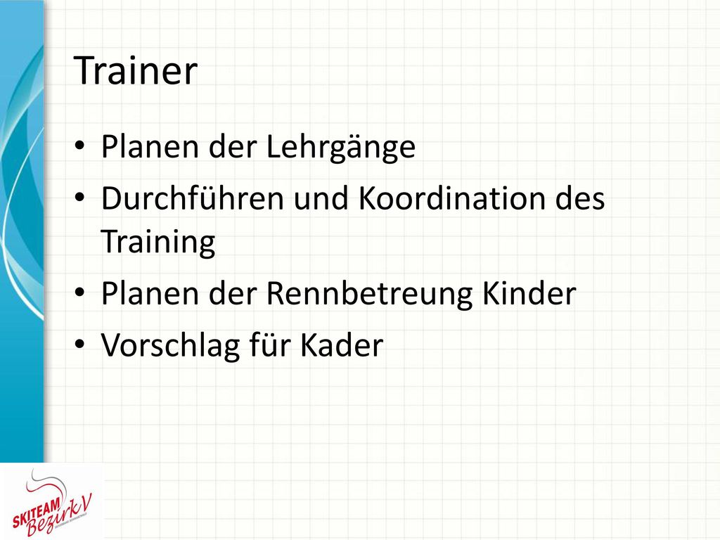 Trainer Planen der Lehrgänge Durchführen und Koordination des Training