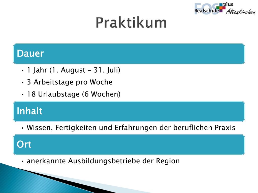 Praktikum Dauer Inhalt Ort 1 Jahr (1. August – 31. Juli)