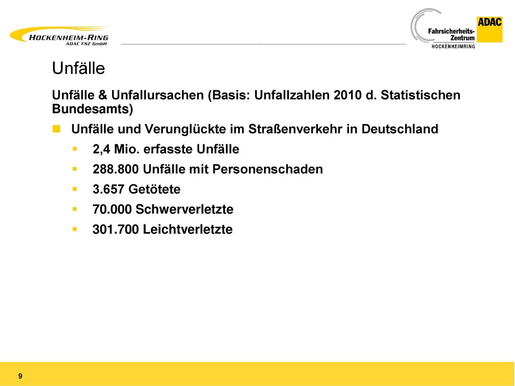 Unfälle Unfälle & Unfallursachen (Basis: Unfallzahlen 2010 d. Statistischen Bundesamts) Unfälle und Verunglückte im Straßenverkehr in Deutschland.