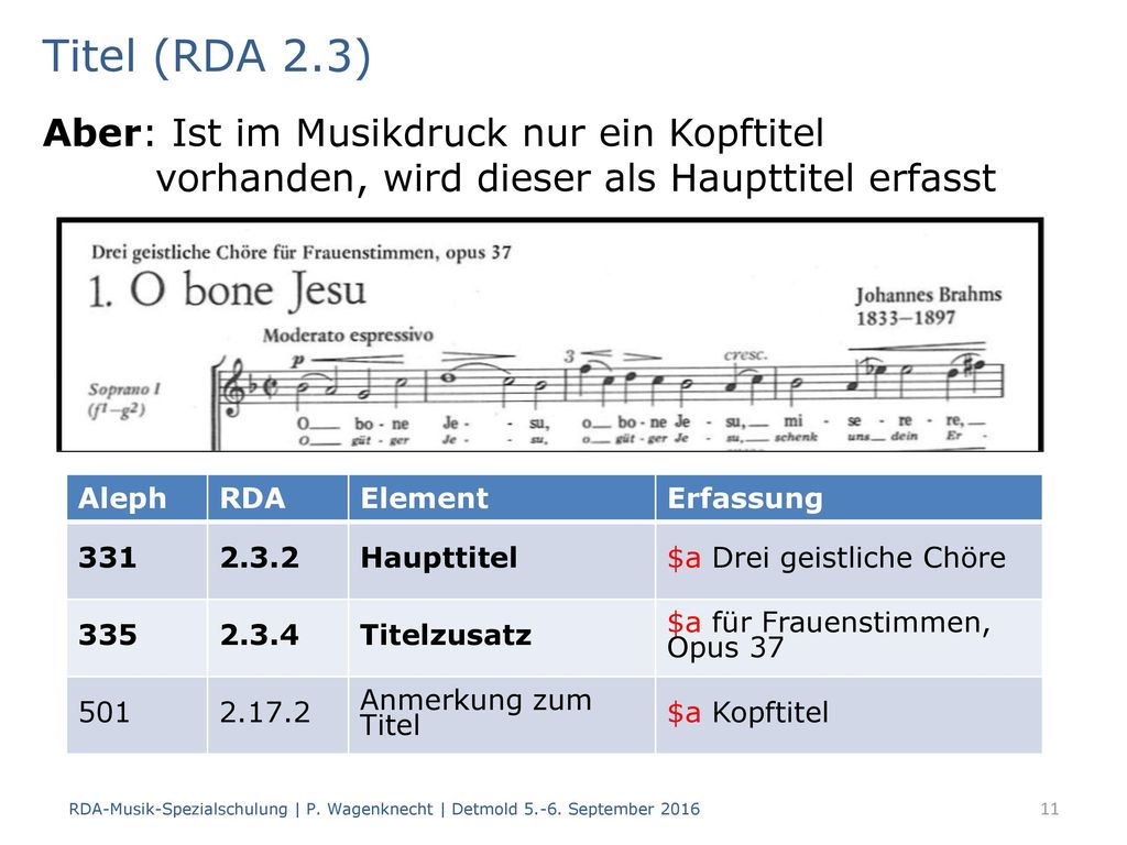 Titel (RDA 2.3) Aber: Ist im Musikdruck nur ein Kopftitel vorhanden, wird dieser als Haupttitel erfasst.