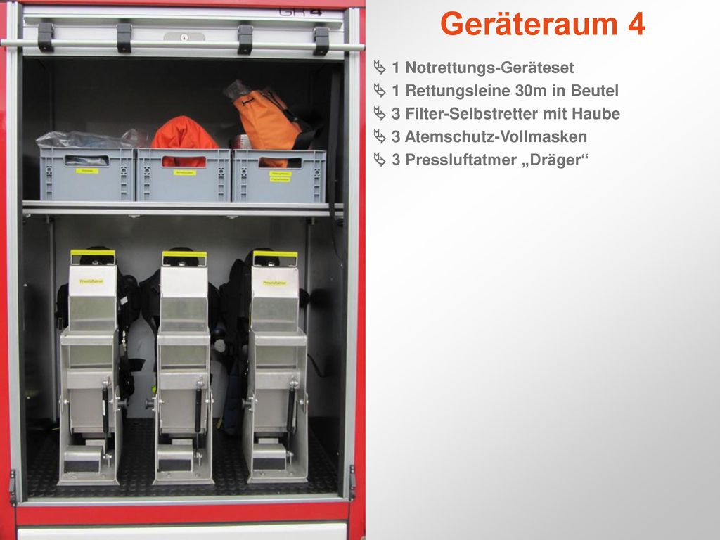 Geräteraum 4  1 Notrettungs-Geräteset  1 Rettungsleine 30m in Beutel