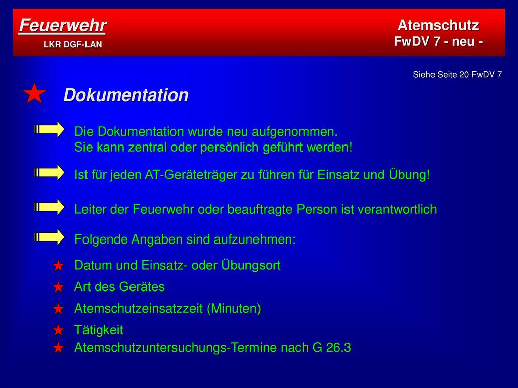 Feuerwehr LKR DGF-LAN Dokumentation Atemschutz FwDV 7 - neu -