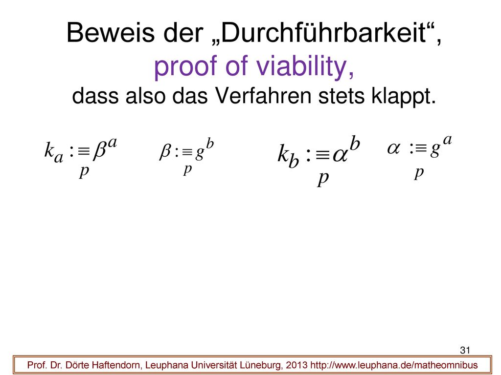 Beweis der „Durchführbarkeit , proof of viability, dass also das Verfahren stets klappt.