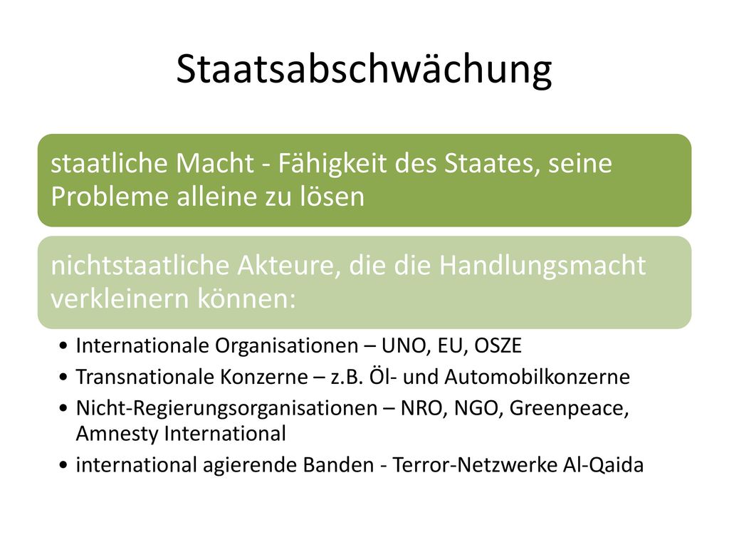 Staatsabschwächung staatliche Macht - Fähigkeit des Staates, seine Probleme alleine zu lösen.