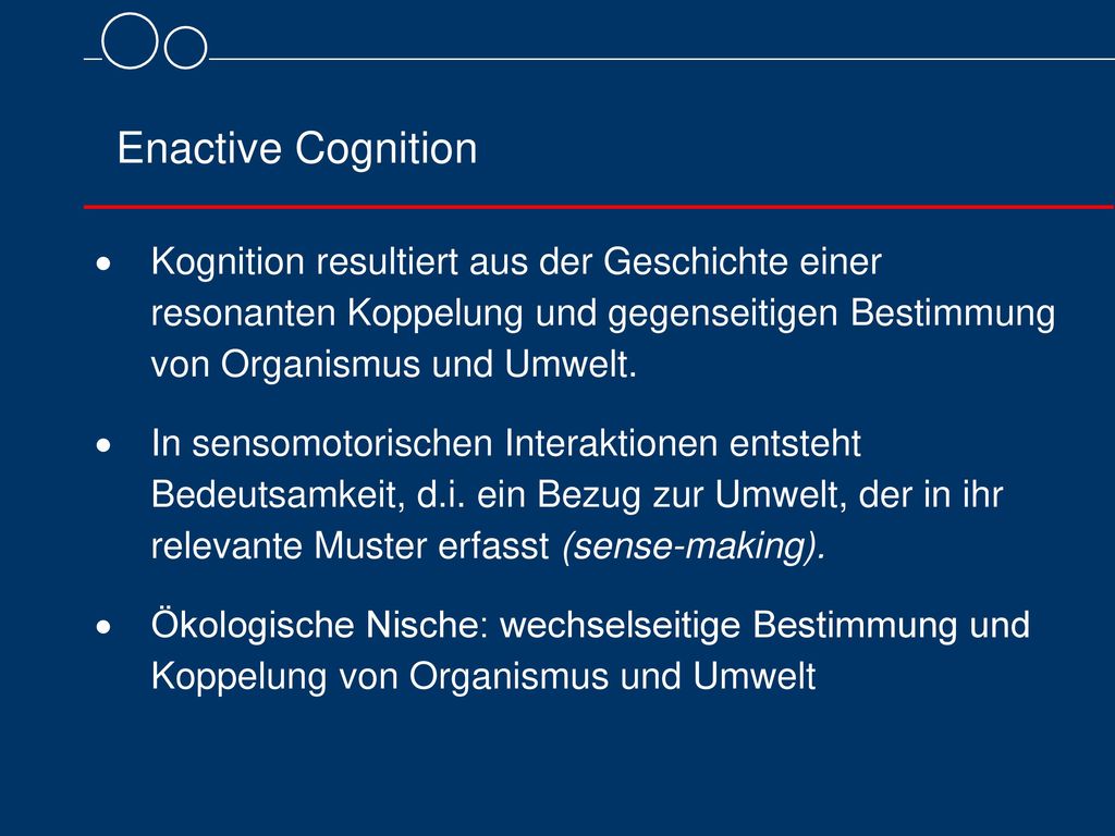 Enactive Cognition Kognition resultiert aus der Geschichte einer resonanten Koppelung und gegenseitigen Bestimmung von Organismus und Umwelt.