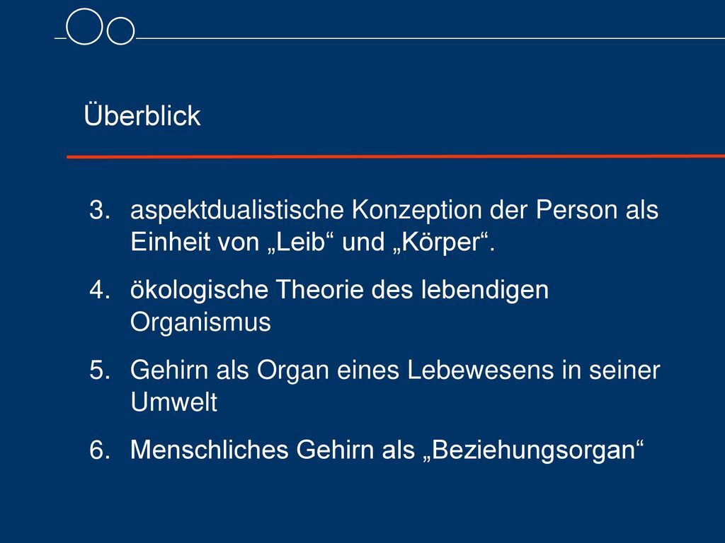 Überblick aspektdualistische Konzeption der Person als Einheit von „Leib und „Körper . ökologische Theorie des lebendigen Organismus.