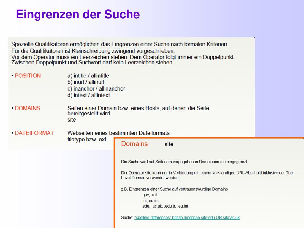Eingrenzen der Suche Auch bei Suchmaschinen lohnt sich die kurze Beschäftigung mit der Suchsprache.