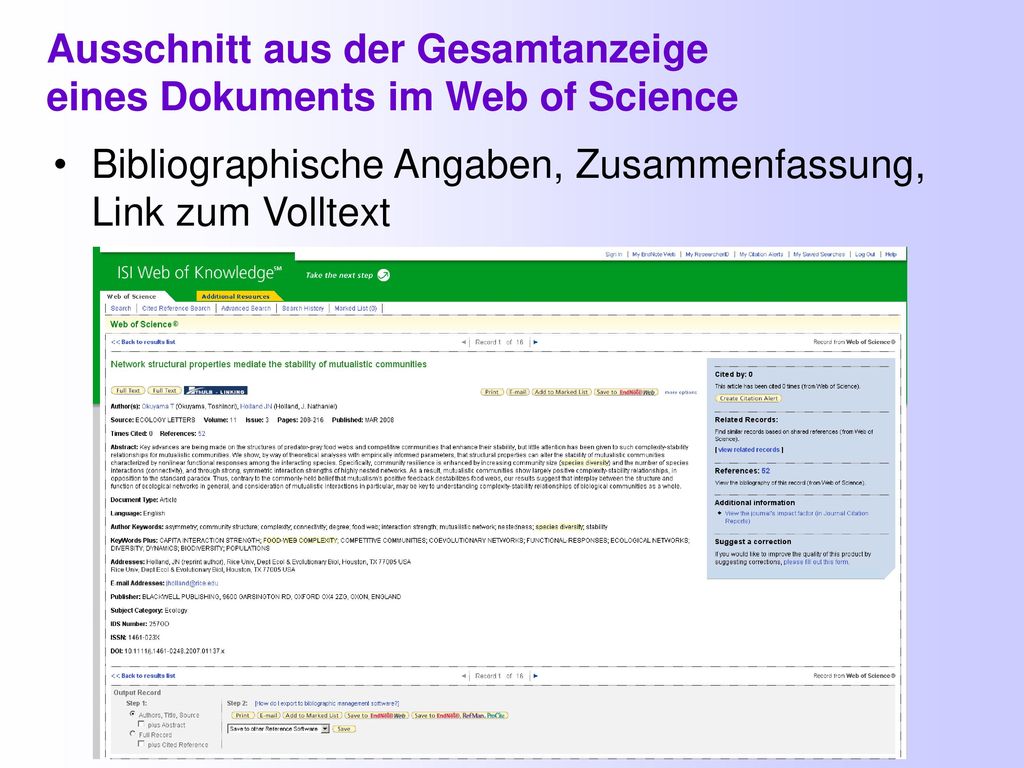 Ausschnitt aus der Gesamtanzeige eines Dokuments im Web of Science