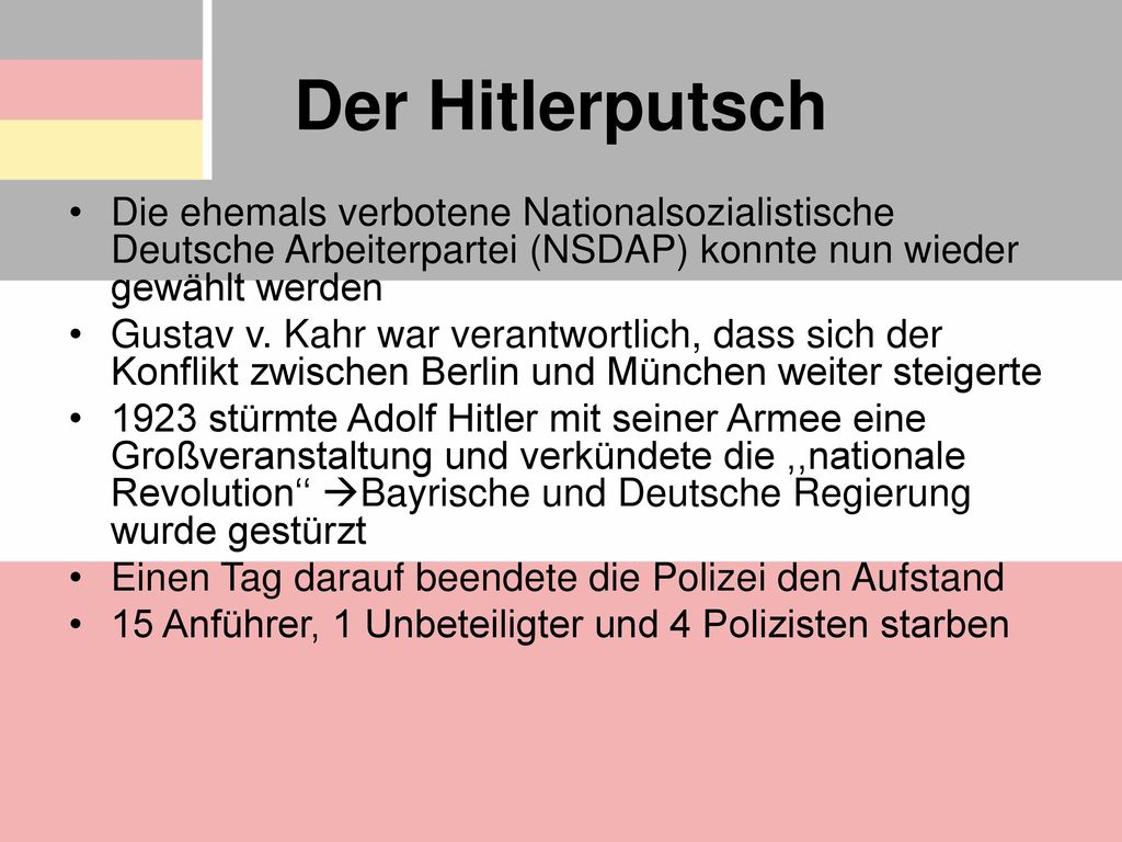 Der Hitlerputsch Die ehemals verbotene Nationalsozialistische Deutsche Arbeiterpartei (NSDAP) konnte nun wieder gewählt werden.
