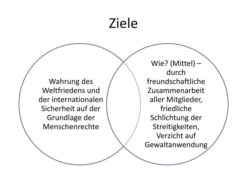 Ziele Wahrung des Weltfriedens und der internationalen Sicherheit auf der Grundlage der Menschenrechte.