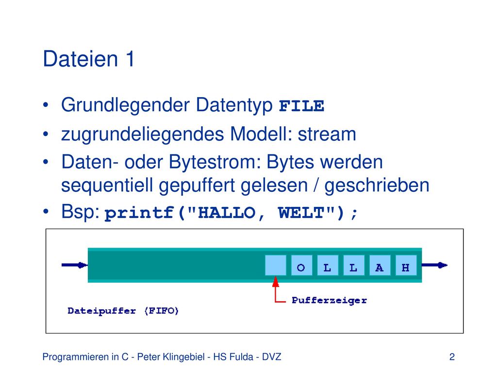 Dateien 1 Grundlegender Datentyp FILE zugrundeliegendes Modell: stream