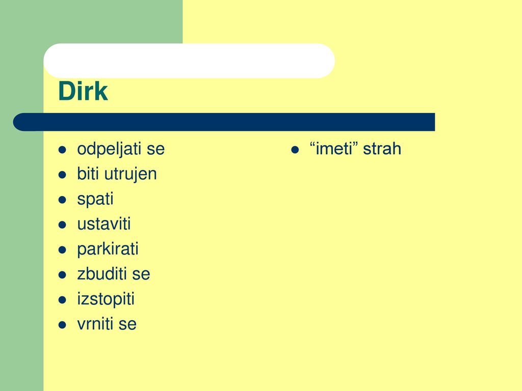 Dirk odpeljati se biti utrujen spati ustaviti parkirati zbuditi se