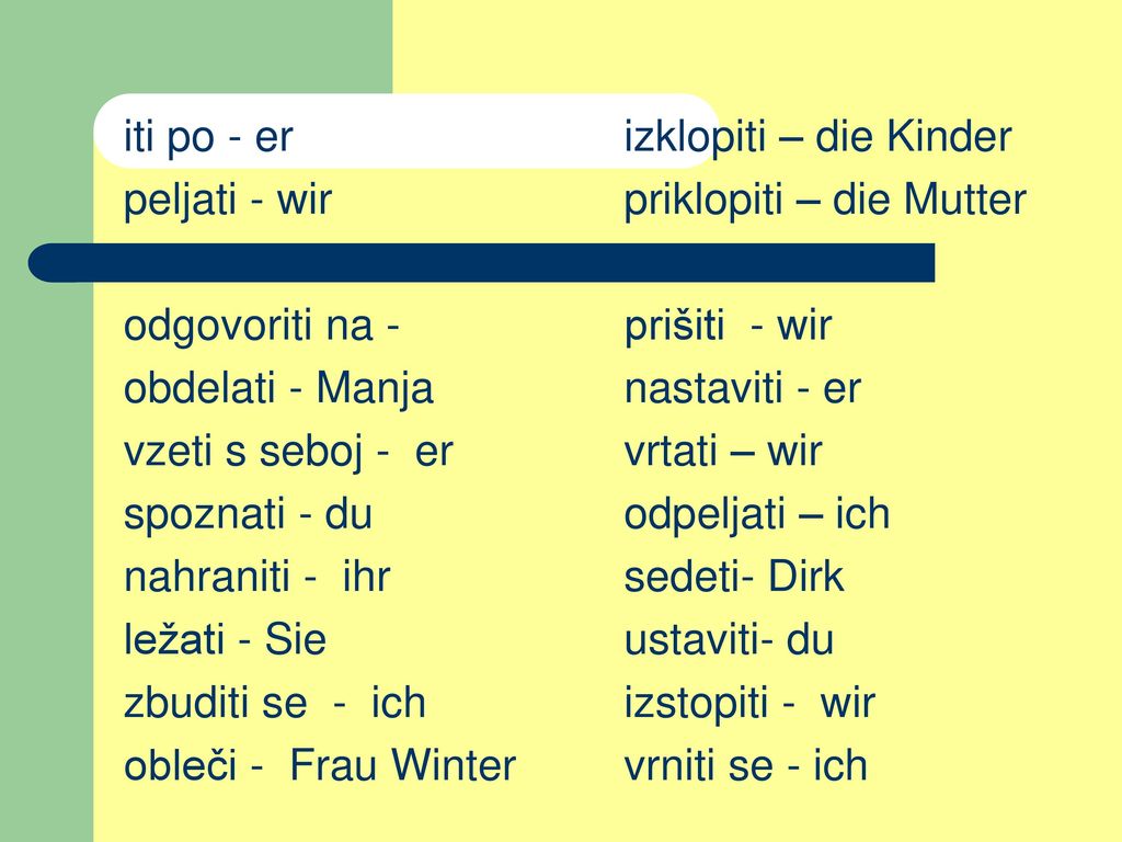 iti po - er peljati - wir odgovoriti na - obdelati - Manja vzeti s seboj - er spoznati - du nahraniti - ihr ležati - Sie zbuditi se - ich obleči - Frau Winter