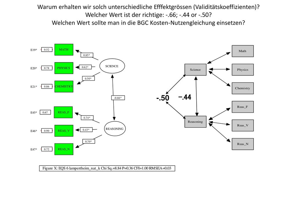 Warum erhalten wir solch unterschiedliche Efffektgrössen (Validitätskoeffizienten) Welcher Wert ist der richtige: -.66; -.44 or -.50 Welchen Wert sollte man in die BGC Kosten-Nutzengleichung einsetzen