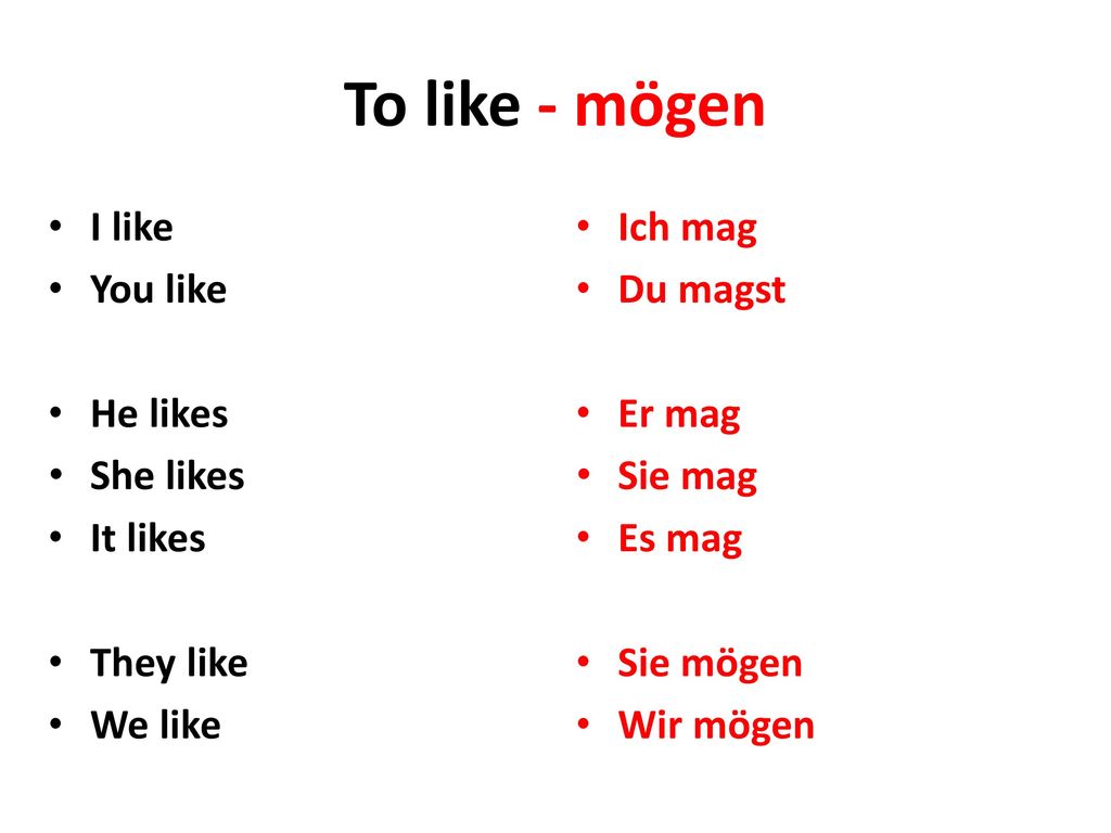 To like - mögen I like You like He likes She likes It likes They like