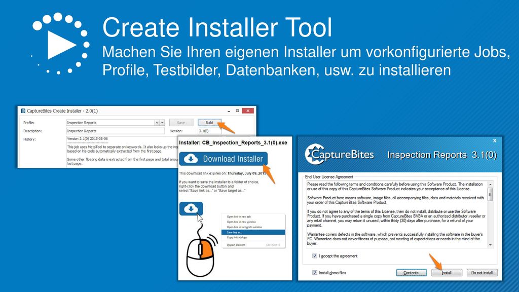 Create Installer Tool Machen Sie Ihren eigenen Installer um vorkonfigurierte Jobs, Profile, Testbilder, Datenbanken, usw.