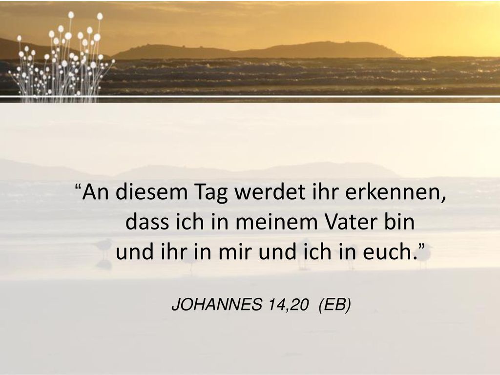 An diesem Tag werdet ihr erkennen, dass ich in meinem Vater bin und ihr in mir und ich in euch.