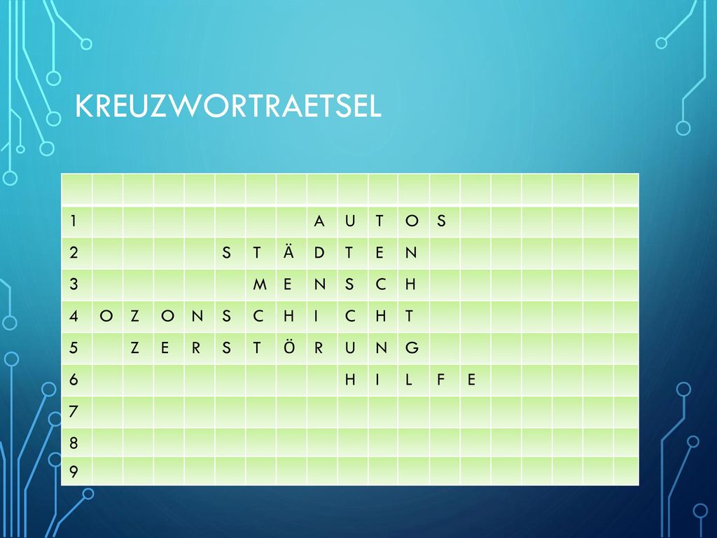 Kreuzwortraetsel 1 A U T O S 2 Ӓ D E N 3 M C H 4 Z I 5 R Ӧ G 6 L F 7 8