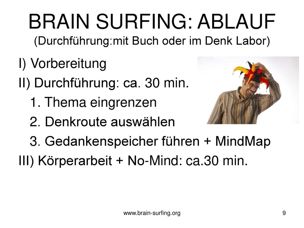 BRAIN SURFING: ABLAUF (Durchführung:mit Buch oder im Denk Labor)
