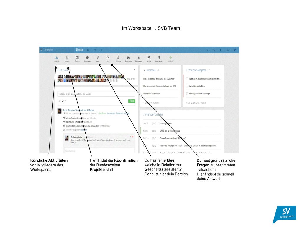 Im Workspace 1. SVB Team Kürzliche Aktivitäten von Mitgliedern des Workspaces. Hier findet die Koordination der Bundesweiten Projekte statt.