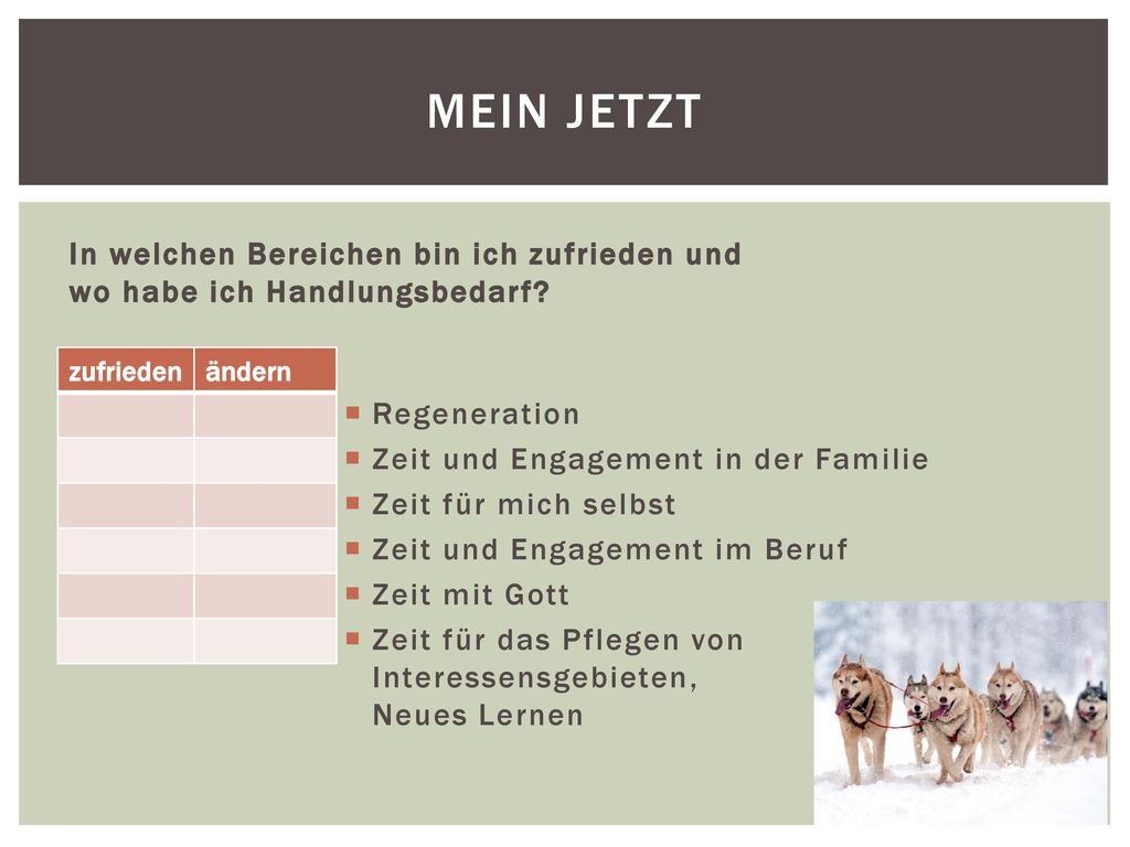 Mein Jetzt In welchen Bereichen bin ich zufrieden und wo habe ich Handlungsbedarf Regeneration. Zeit und Engagement in der Familie.