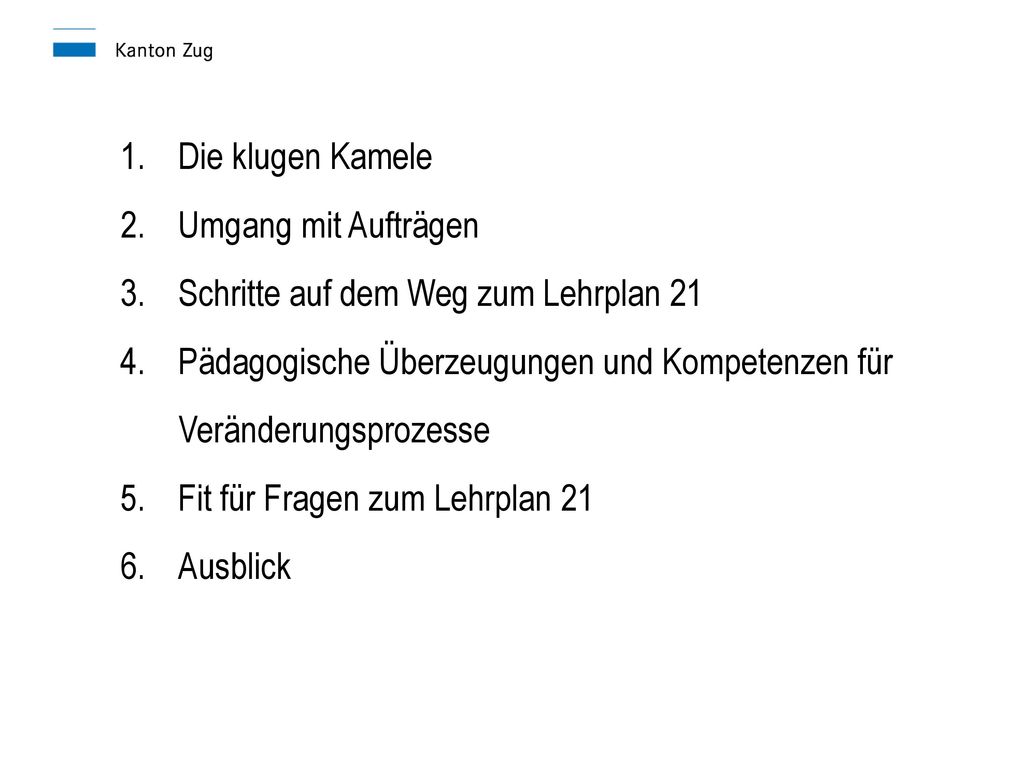 Die klugen Kamele Umgang mit Aufträgen. Schritte auf dem Weg zum Lehrplan 21. Pädagogische Überzeugungen und Kompetenzen für Veränderungsprozesse.