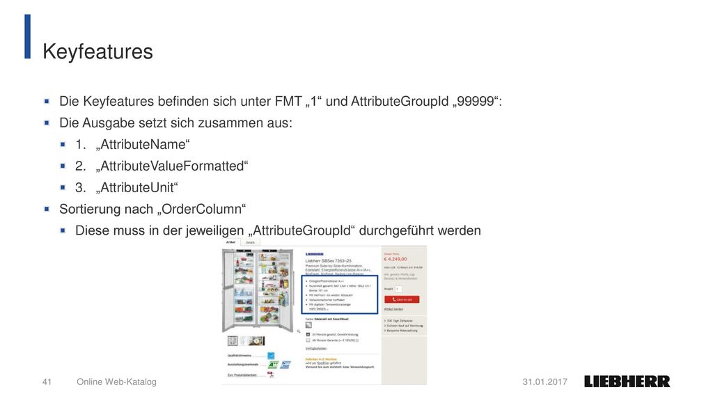 Keyfeatures Die Keyfeatures befinden sich unter FMT „1 und AttributeGroupId „99999 : Die Ausgabe setzt sich zusammen aus: