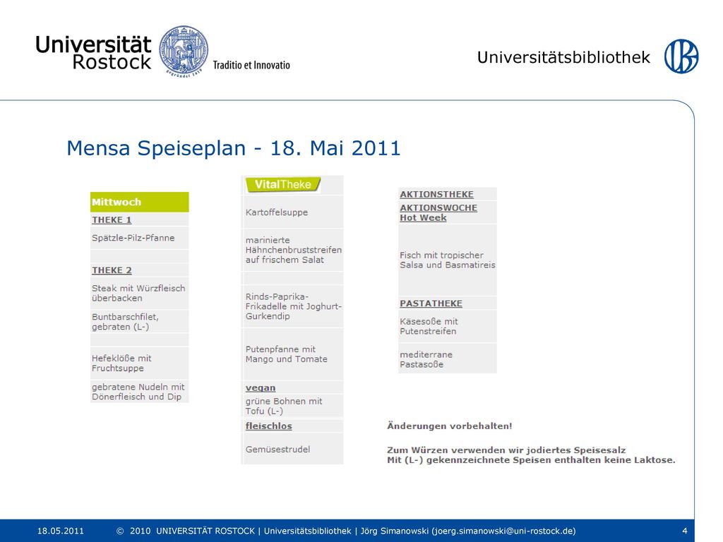 Mensa Speiseplan Mai 2011 © 2010 UNIVERSITÄT ROSTOCK | Universitätsbibliothek | Jörg Simanowski