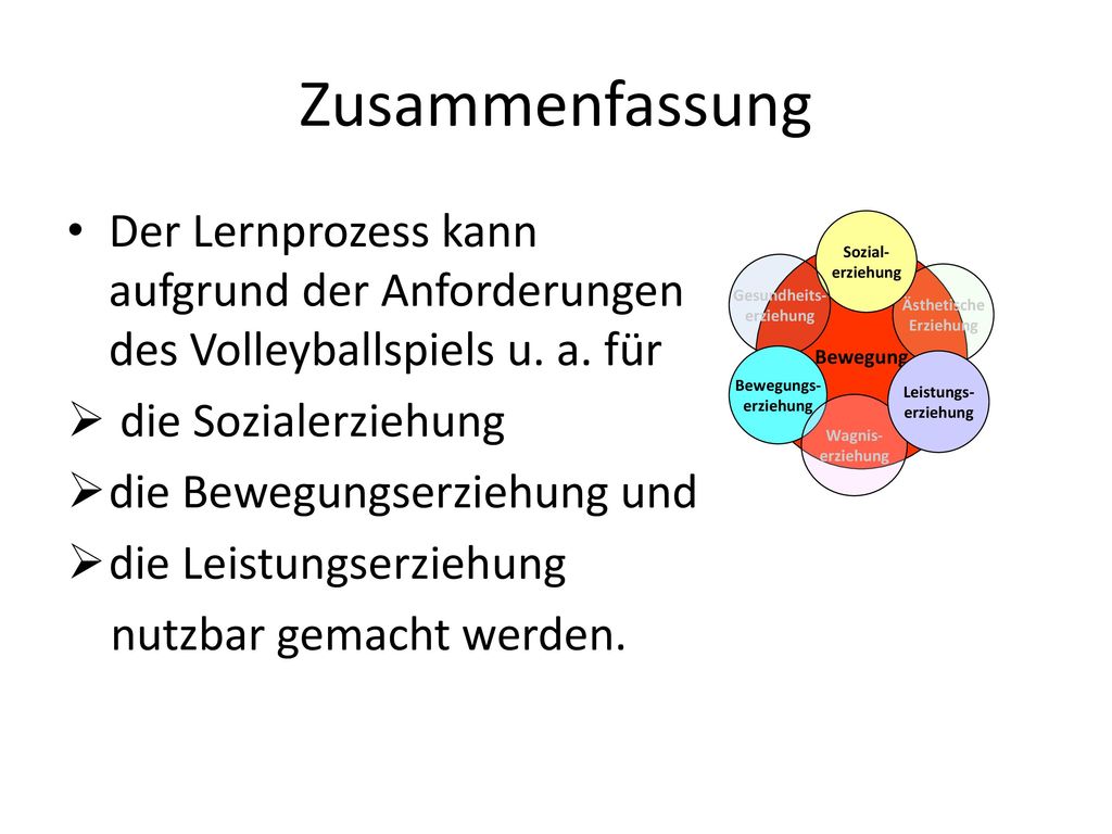 Zusammenfassung Der Lernprozess kann aufgrund der Anforderungen des Volleyballspiels u. a. für. die Sozialerziehung.