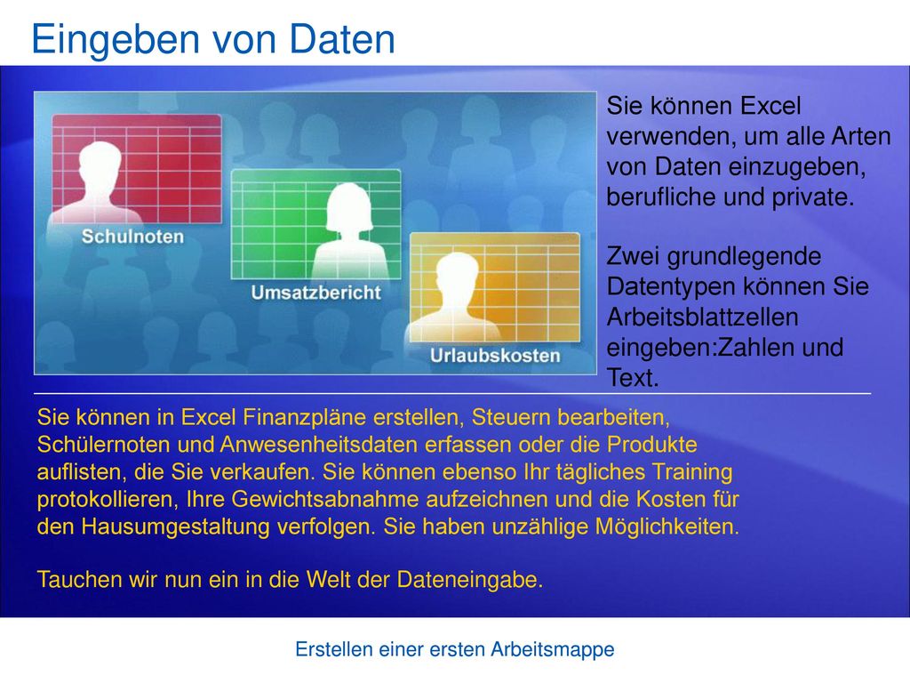 Eingeben von Daten Sie können Excel verwenden, um alle Arten von Daten einzugeben, berufliche und private.