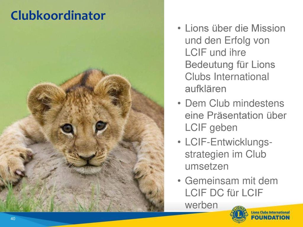 Clubkoordinator Lions über die Mission und den Erfolg von LCIF und ihre Bedeutung für Lions Clubs International aufklären.