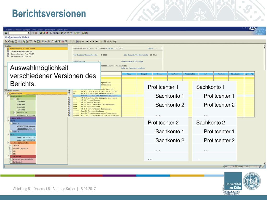 Berichtsversionen Auswahlmöglichkeit verschiedener Versionen des Berichts. Profitcenter 1. Sachkonto 1.