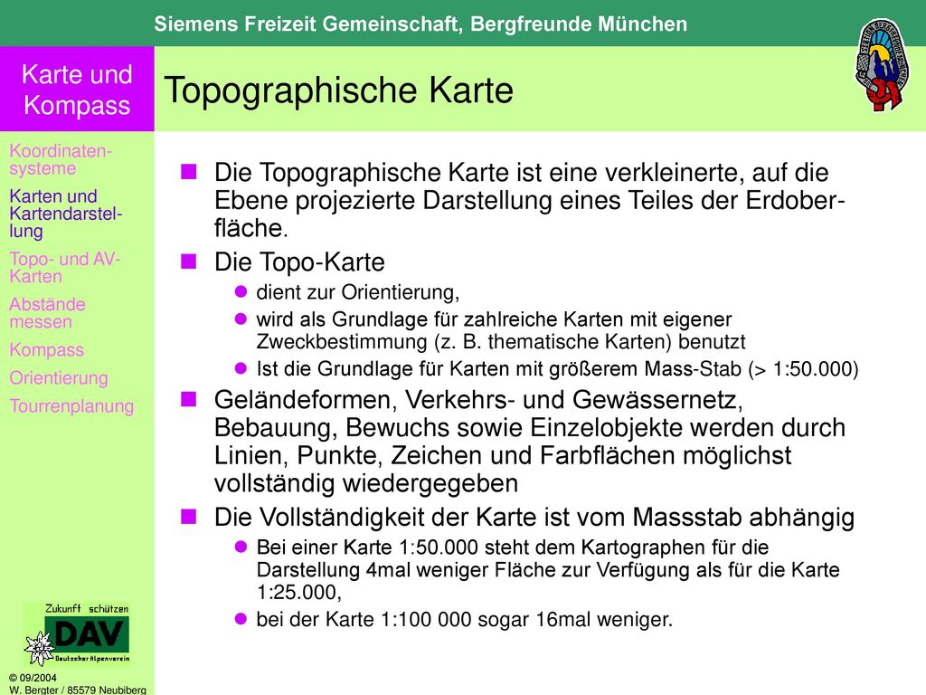 Topographische Karte Koordinaten-systeme. Karten und Kartendarstel-lung. Topo- und AV-Karten. Abstände messen.