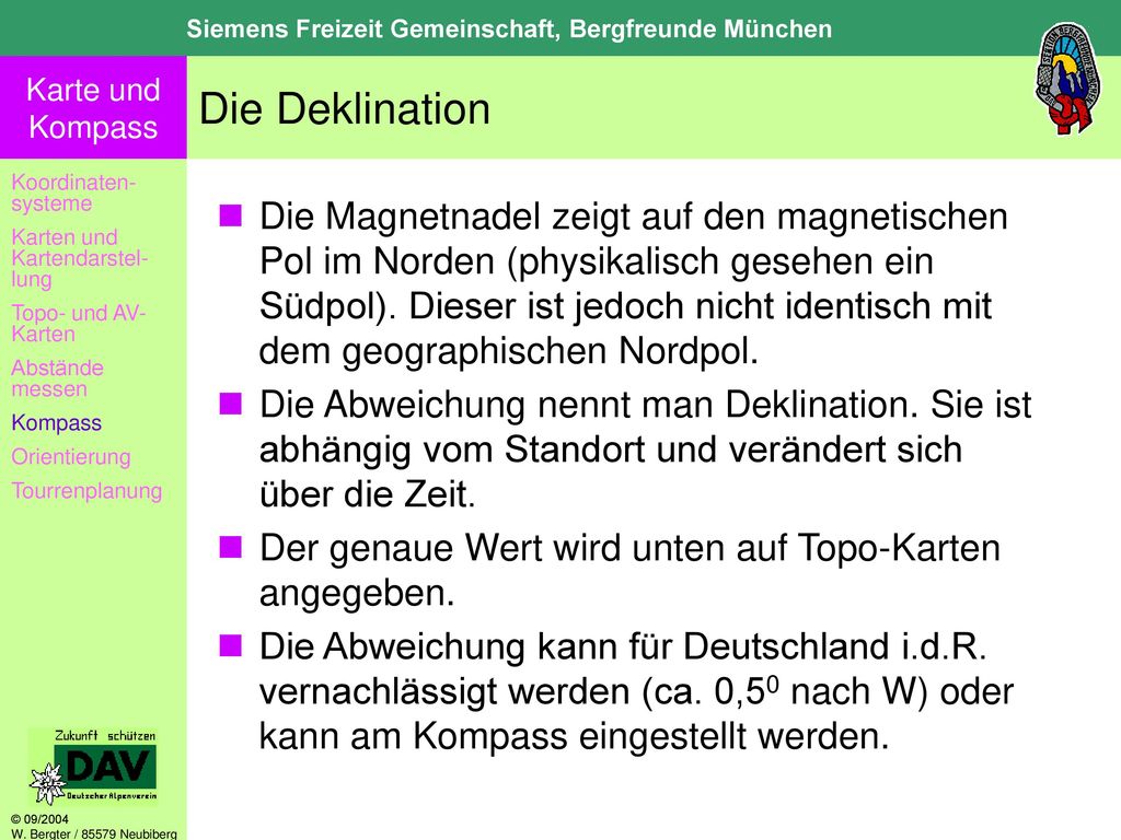 Die Deklination Koordinaten-systeme. Karten und Kartendarstel-lung. Topo- und AV-Karten. Abstände messen.