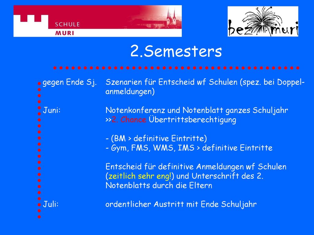 2.Semesters gegen Ende Sj. Szenarien für Entscheid wf Schulen (spez. bei Doppel- anmeldungen) Juni: Notenkonferenz und Notenblatt ganzes Schuljahr.