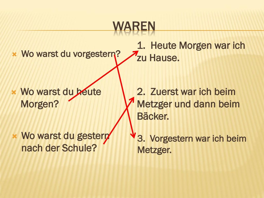 waren 1. Heute Morgen war ich zu Hause. Wo warst du heute Morgen